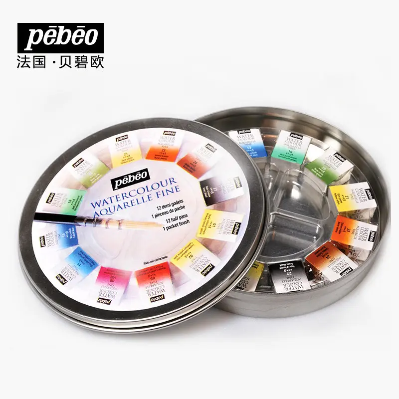 

PEBEO WATERCOLOUR AQUARELLE FINE Solid Watercolor Paint Set Round Metal Box 12 Color 24 Color