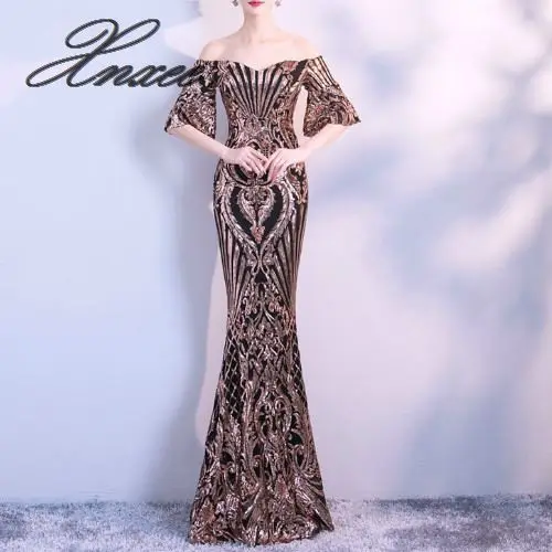 

New Flare Sleeve Black Gold Sequins Dress Formal Party Dress