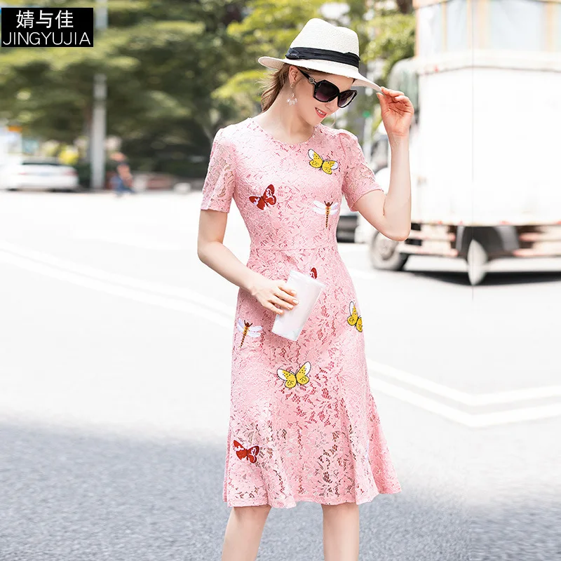 

Pink Lace Dress Women Summer 2019 New Butterfly Embroidered Round Neck Short Sleeved Slim Elegant Mermaid Dress Knee Length S-XL
