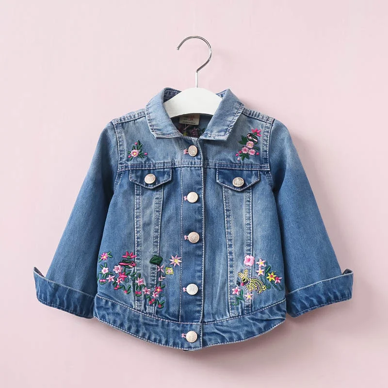 

2019 New Spring and Autumn Korean Children's Wear Girls Embroidered Flowers Lapel Washed Jeans Girls Coats and Jackets