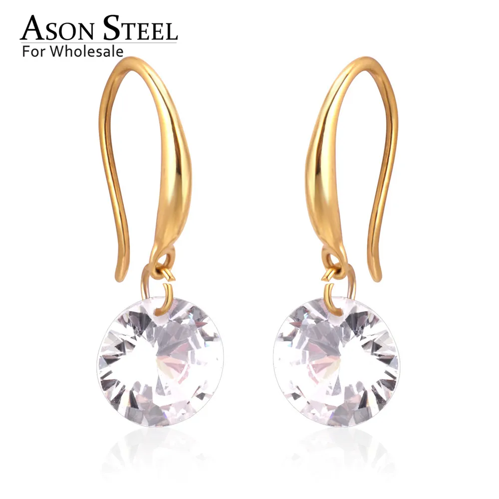

ASONSTEEL Round CZ Earrings for Women/Girl Stainless Steel Gold/Silver Color Crystal Drop Earrings Wedding Jewelry for Women