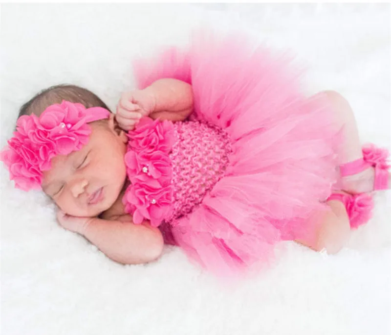 

Cute Baby Tutu Dress Set Infant Girls Crochet Tulle Dress Tutus with Flower Headband and Foot Ring Newborn Birthday Party Dress