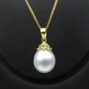 

Free Shipping 9-10MM White Genuine South Sea Cultured Pearl Pendant 18K Solid Yellow Gold