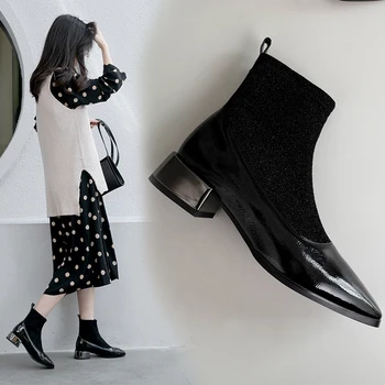 

2019 New Women Ankle Boots Roman Hoof Heels Sock Booties Fashion Brand Design Ladies Party Shoes Woman Black Patent Leather