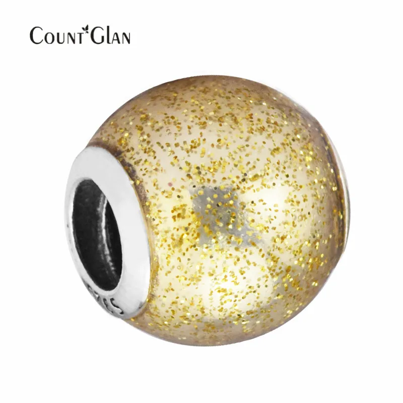 Authentic 925 Sterling Silver Jewelry Glitter Ball Charm, Golden