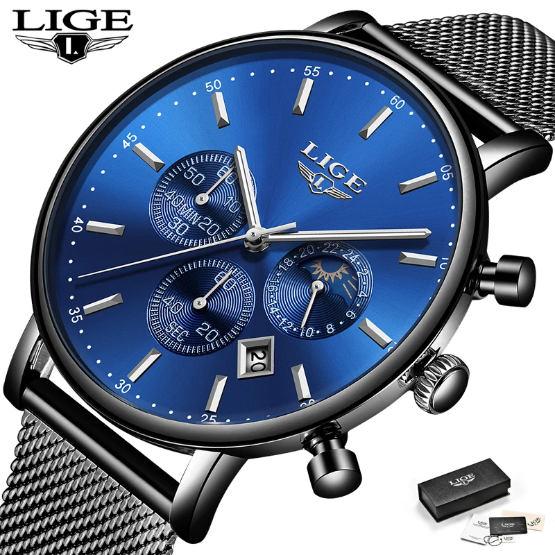 

LIGE Mens Watches Top Brand Luxury Men Casual Fashion Watch Mens Stainless Steel Waterproof Quartz Watch Relogio Masculino+Box
