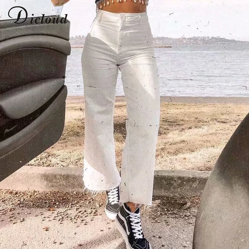 DICLOUD Повседневная широкая нога белые джинсы женские с высокой талией мода 2019 осень зима свободная уличная одежда женские длинные брюки с