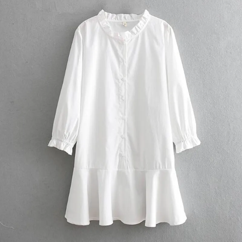 

2019 Casual Loose Ruffles buttons Mini short Shirt Dress White Flare Cuff Long sleeve Ruffle Hem Women Dresses