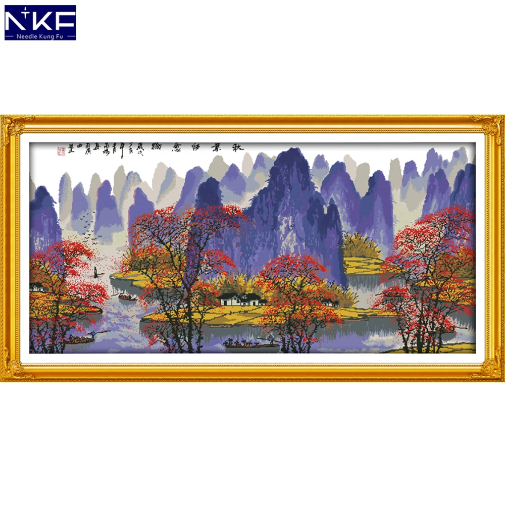 

NKF The Autumn Leaves and Li River Cross Stitch Pattern DIY Kit Needlework Embroidery Sets Chinese Cross Stitch for Home Decor