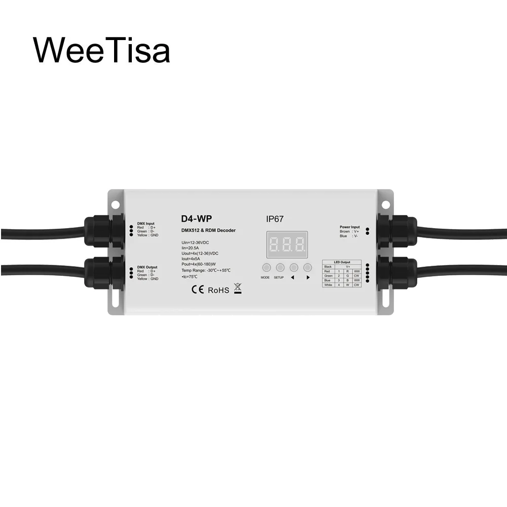 

DMX 512 RDM Decoder DC 12V 24V 36V Constant Voltage Waterproof IP67 4 Channel 20A RGB RGBW Strip DMX512 Controller for Outdoor