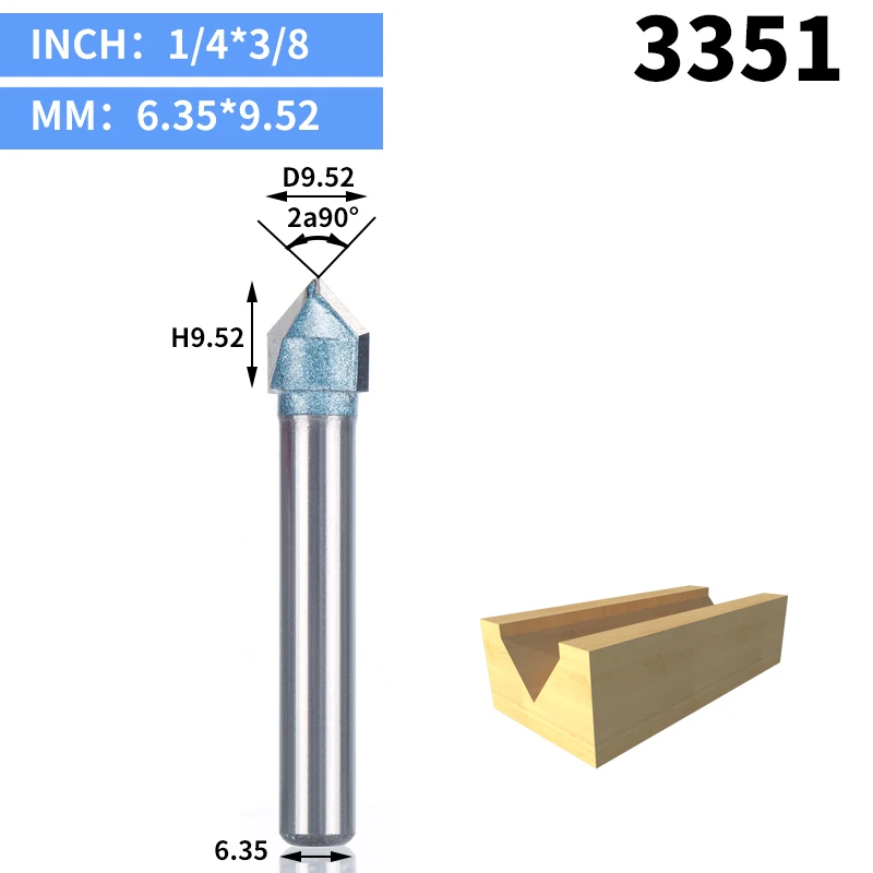 HUHAO 1 шт. 1/" 1/4" хвостовик промышленного класса фрезы для дерева 90 градусов V тип долбежный резак Вольфрам деревообрабатывающий резной инструмент - Длина режущей кромки: 3351