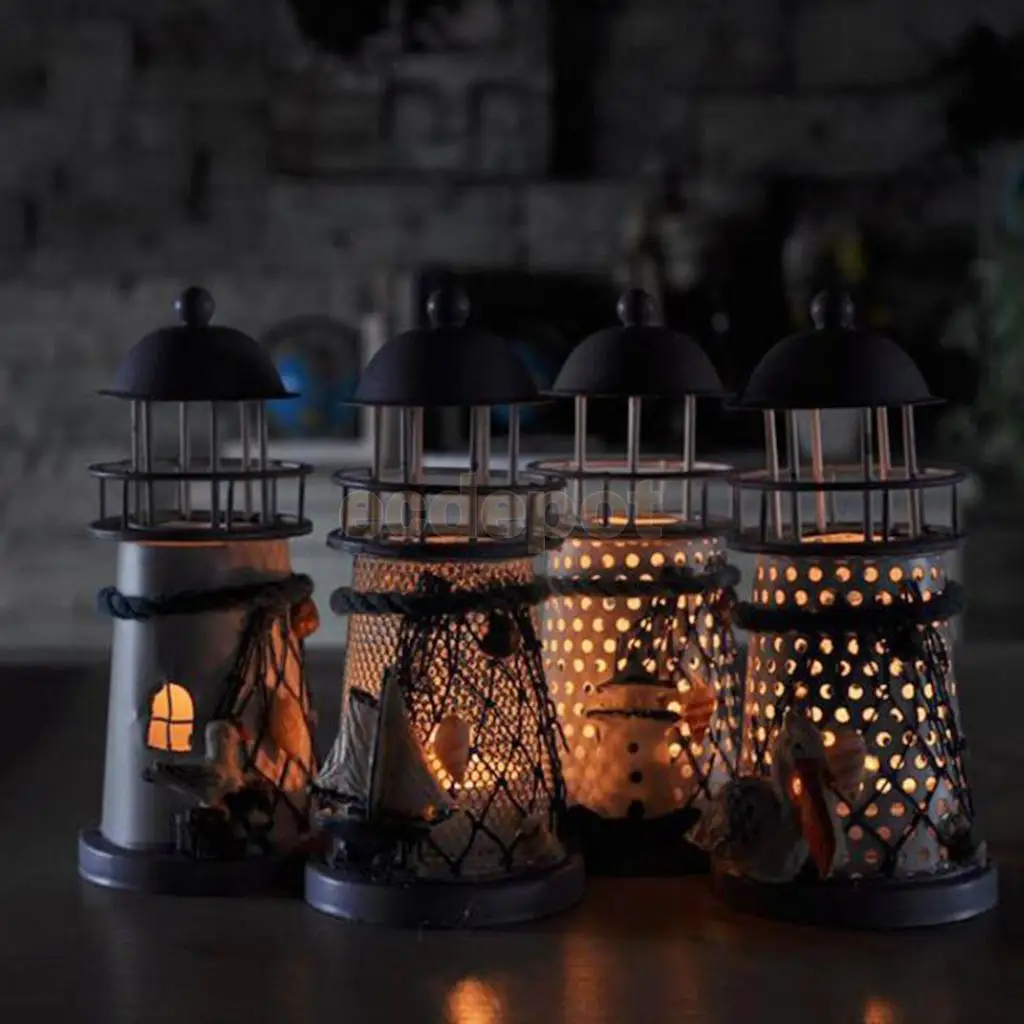 

Mediterranean Style Lighthouse Lanterns Candle Holder Tealight Candlestick Indoor/Outdoor Decor Ornaments