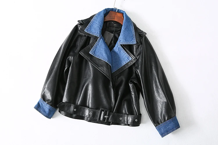 Finest  LMCAVASUN 2019 New Spring Lapel Long Sleeve Black Pu Leather Bandage Denim Stitch Loose Jacket Wome