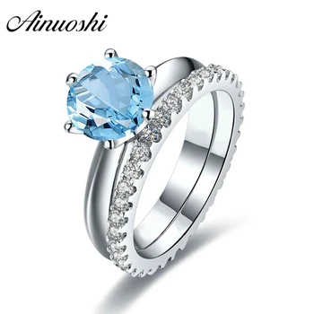 

AINUOSHI 2 pies Blue Topaz Rings Set 1/1.5/2ct Round Cut Gemstone Ring 925 Silver Full Eternity Band Wedding Engagement Ring Set