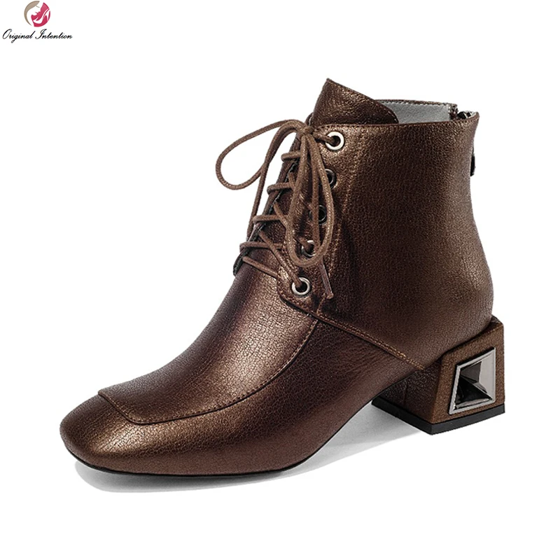 Original Intention New Elegant Women Ankle Boots Leather Square Toe Square Heels Boots Black Bronze Shoes Woman US Size 3 10.5|Ankle Boots| - AliExpress