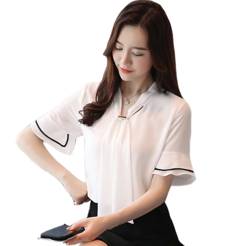 Women Chiffon Blouse Trumpet Sleeve Chiffon Shirt 2018 Women Blouse Summer Blouses Shirt Elegant Bowknot Women Tops And Blouses