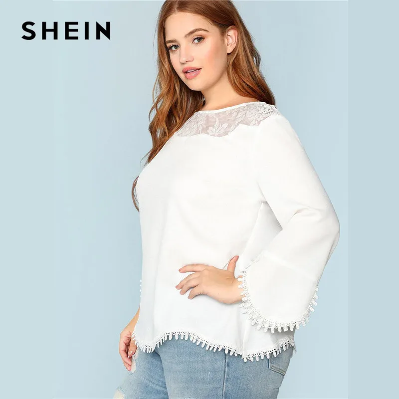 SHEIN Блузка С Кружевной Отделкой И Длинным Рукавом Нарядная Однотонная Блузка Размера Плюс