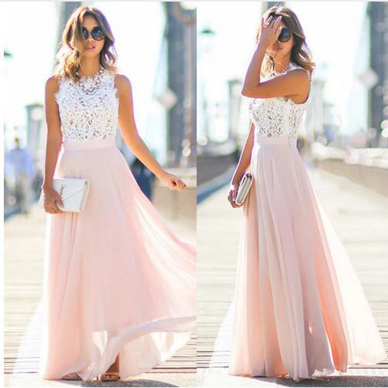 

2019 summer new lace stitching chiffon long dress fashion casual beach dress
