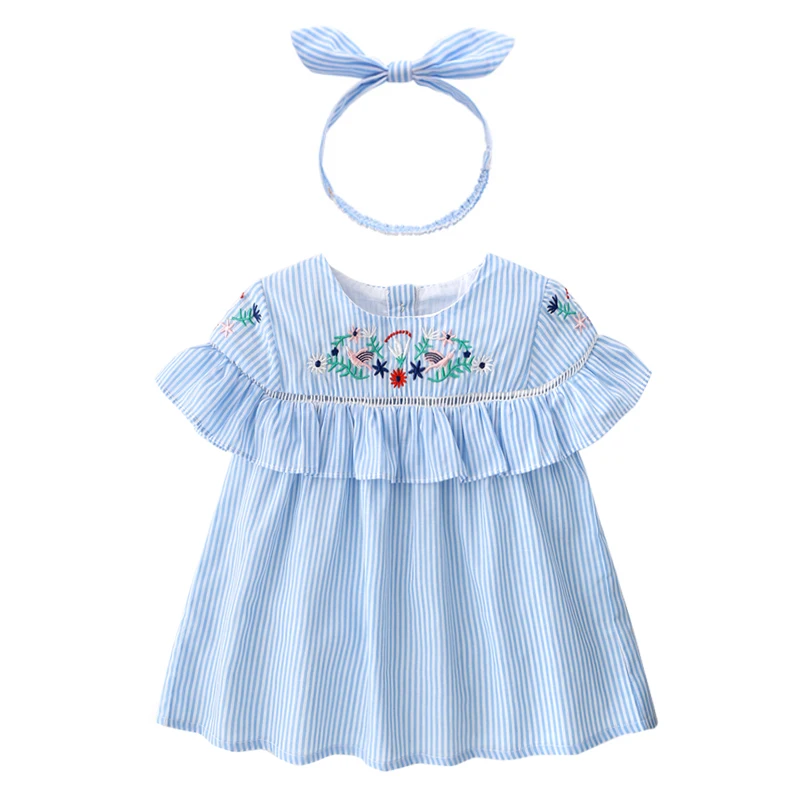 

2019 Summer New Baby Girl's Cute And Beautiful Dress, Refreshing Blue And White Strip Embroidered Full Cotton Dress +A Hair Band