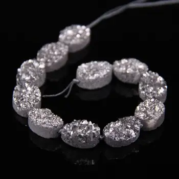

Approx11Pcs/Strand Silvers Titanium Quartz Drusy Geode Oval Slab Loose Bead,Raw Agates Druzy Rough Slice Nugget Pendants Jewelry
