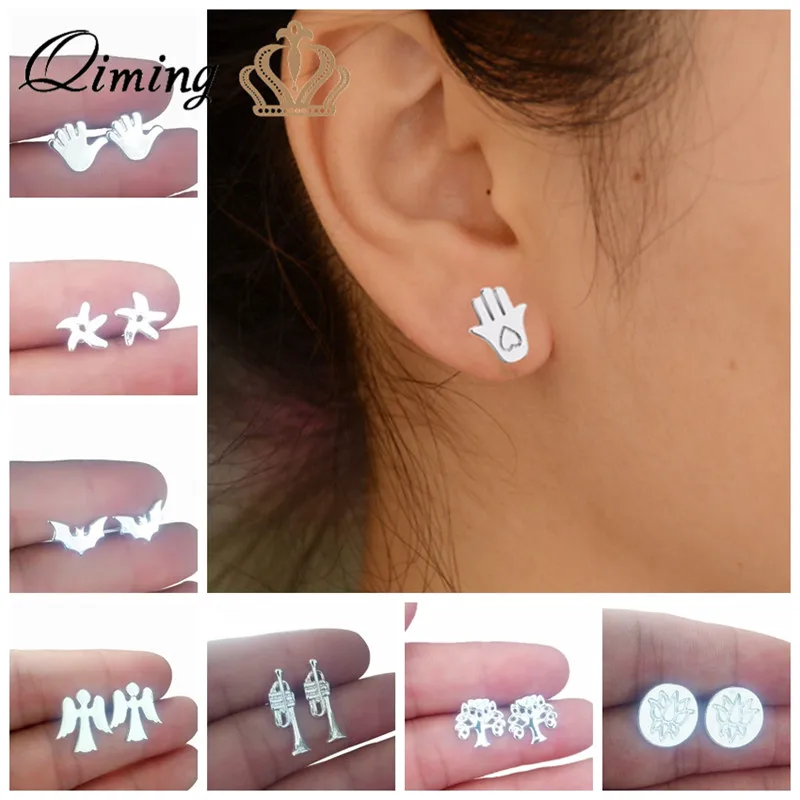 

2018 New Stud Earrings For Women Hamsa Hand Starfish Angle Tree Cute Design Silver Wholesale Jewelry Cheap Earring Gift