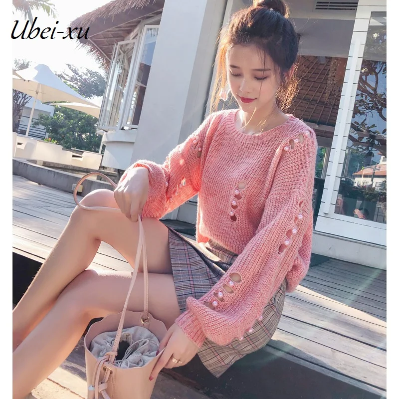 Ubei Fahion Baggy bubble sleeves broken holes beads plain color loose knitted sweater fashion pullovers