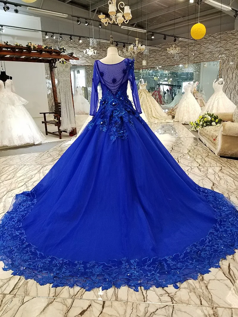 LS3111 blue lace 3d flowers evening dress long sleeve o-neck see-through back a-line dress for mothers of brides quick shipping