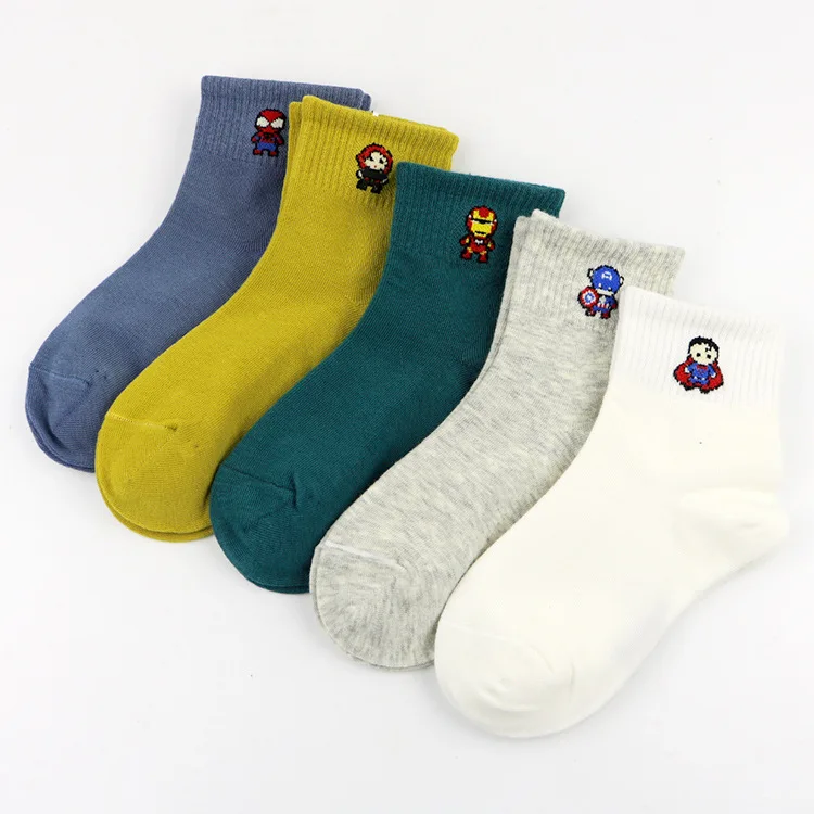 5 пар От 1 до 12 лет, детские носки весенне-осенние хлопковые носки для маленьких девочек, носки для мальчиков однотонные детские спортивные носки с суперменом
