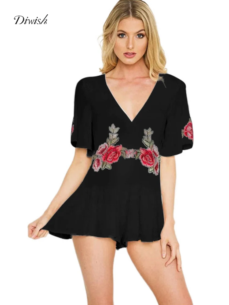 Diwish Sexy Jumpsuit Fashion Nova Playsuit Women Jumpsuit Short Overalls Floral Jumpsuit Black Summer Beach Overalls Elegent