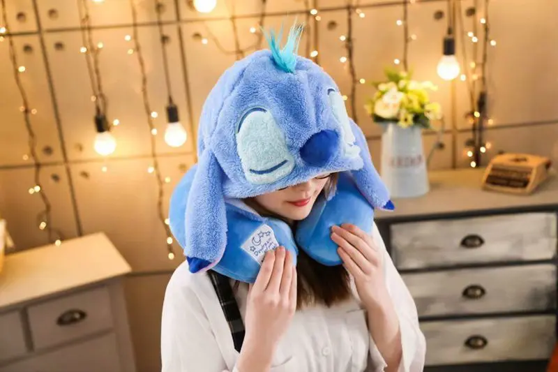 Disney Stitch plush doll car travel neck pillow hat u-shaped pillow office nap pillow portable aircraft sleep lady neck pillow