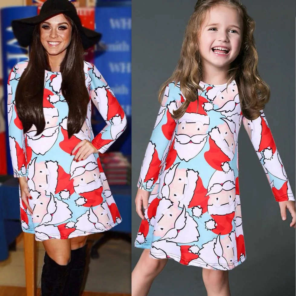 

Xmas Party Mommy and Me Clothes Long Sleeve Mother and Daughter Dress Santa Claus Print Christmas Family Look Clothes
