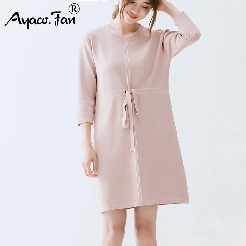 

Plus Size Knitted Dress 2019 Winter New O-Neck Patchwork Striped Loose Women Pullover Knitting Dresses Casual Lady Fat Dress