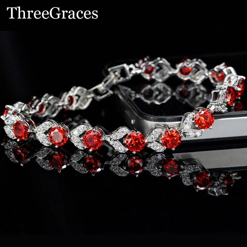 

ThreeGraces Fashion 925 Silver Bracelet Jewelry Cubic Zirconia Hot Red Flower Crystal Charm Bracelets Bangles For Women BR094
