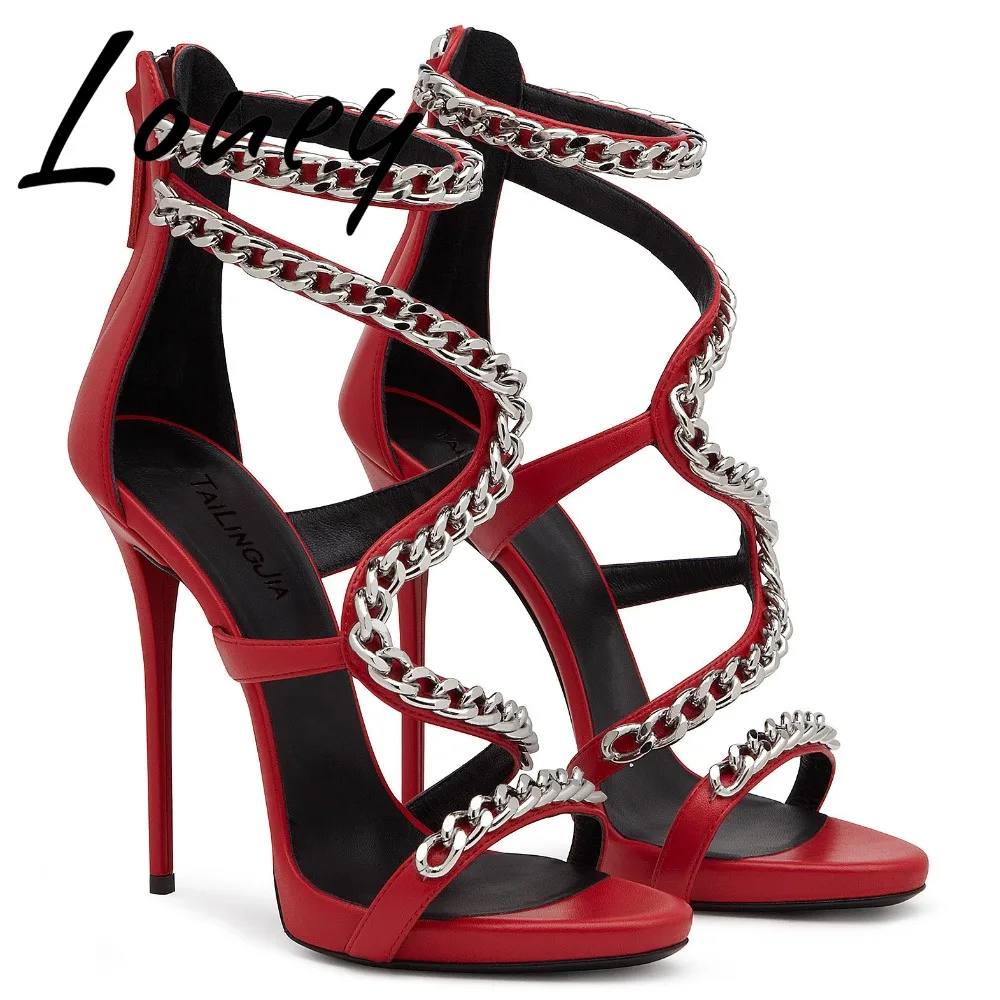 

Loney New Spring Summer Metal Chain Women Sandals Sexy Open Toe Zip Side Thin HIgh Heels Shoes Women