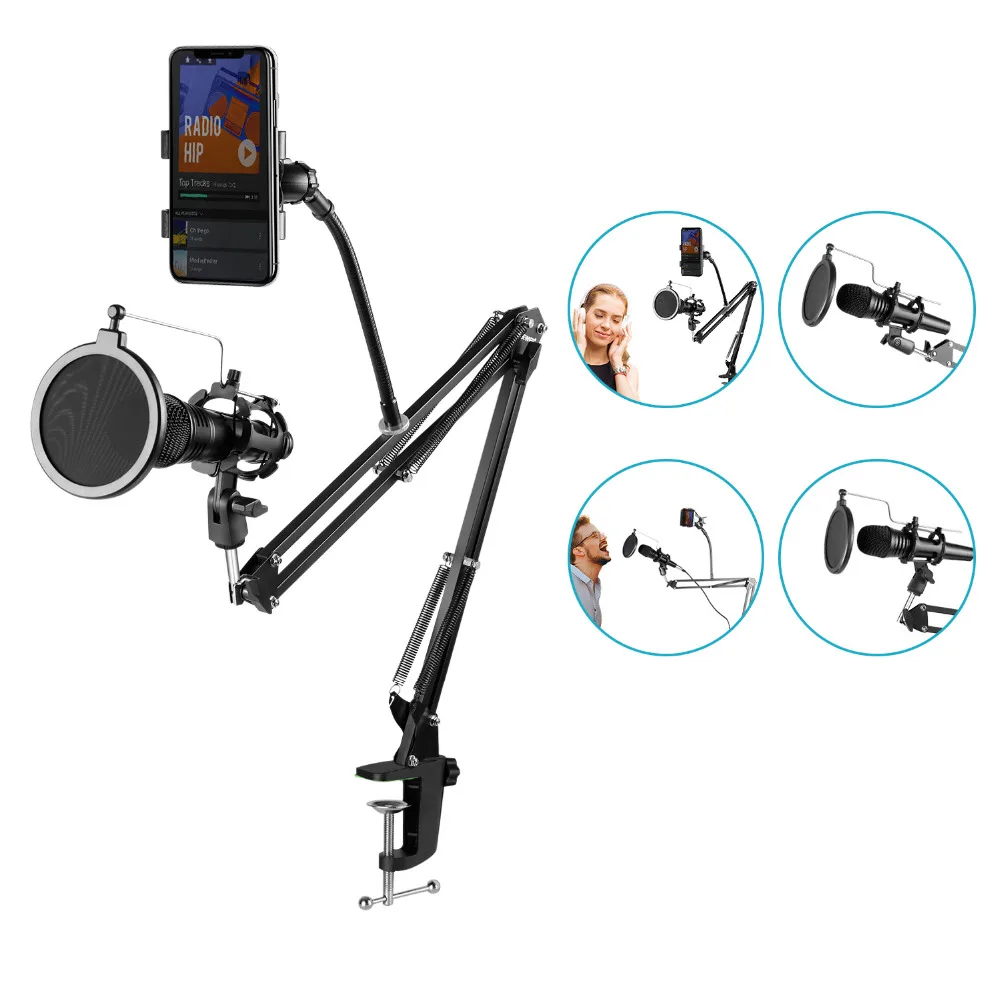Neewer Adjustable Recording Microphone Suspension Boom Scissor Arm Stand Mic Wind Pop Filter Shock Mount Phone