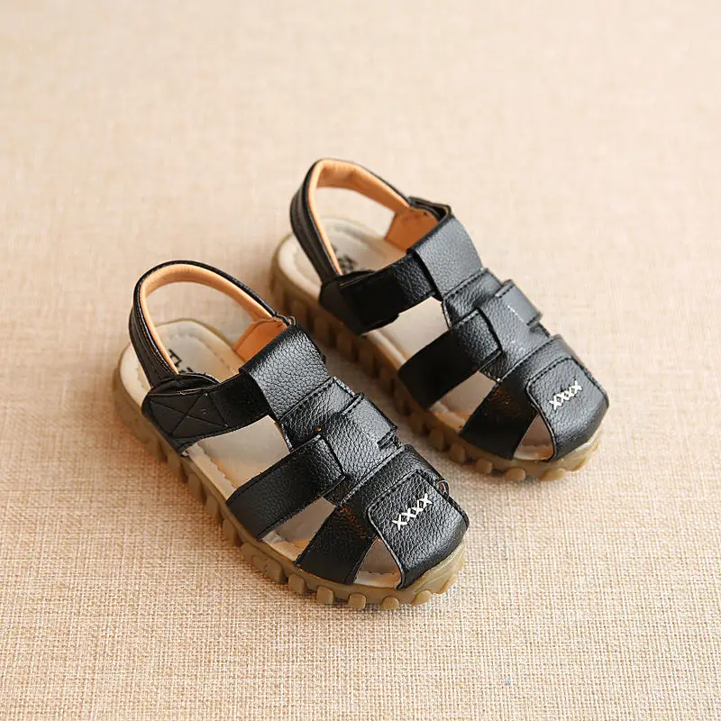 Для маленьких мальчиков пляжная обувь сезон весна-лето новая кожаная обувь для мужчин и женщин; пляжная обувь с открытым носком обувь для детей - Цвет: Black