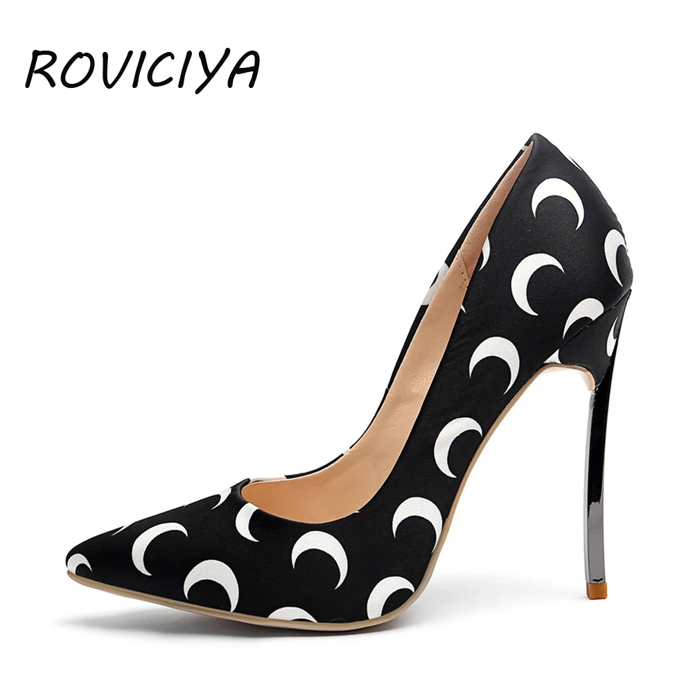 

Spring fashion moon print sexy women pumps shallow pointed toe metal 12cm high heels shoes satin plus size 33-45 HSJ009 ROVICIYA