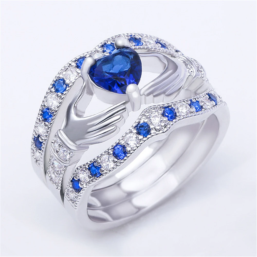 Blue Stone Wedding Rings for Women Fashion Silver Ring Set