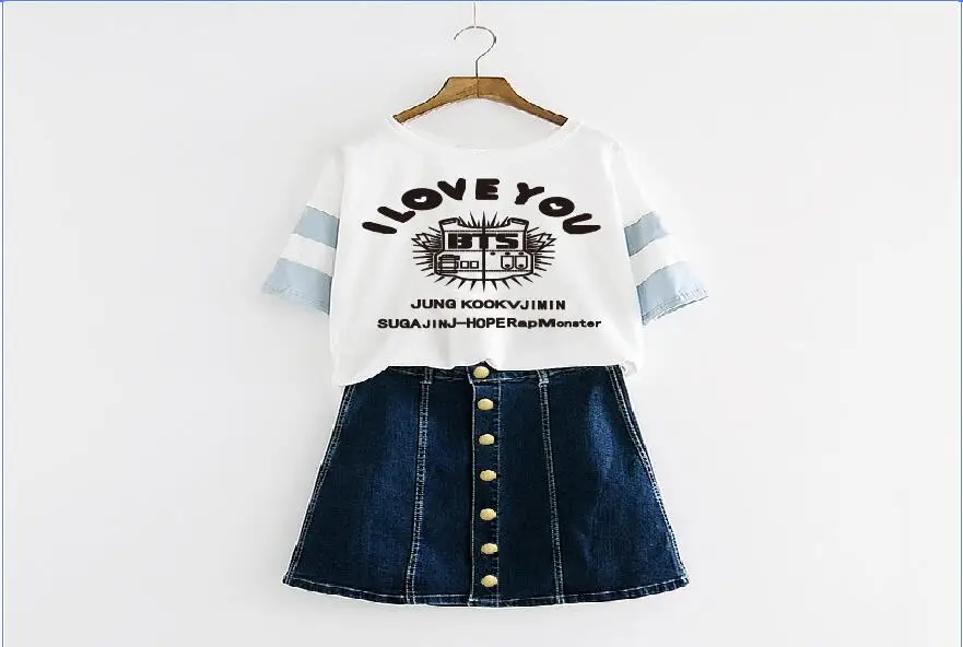 

KPOP fashion I love you BTS Bangtan Boys JUNG KOOK 2016 new BTS Blue sleeve pink sleeve T-shirt Short sleeve student Loose coat