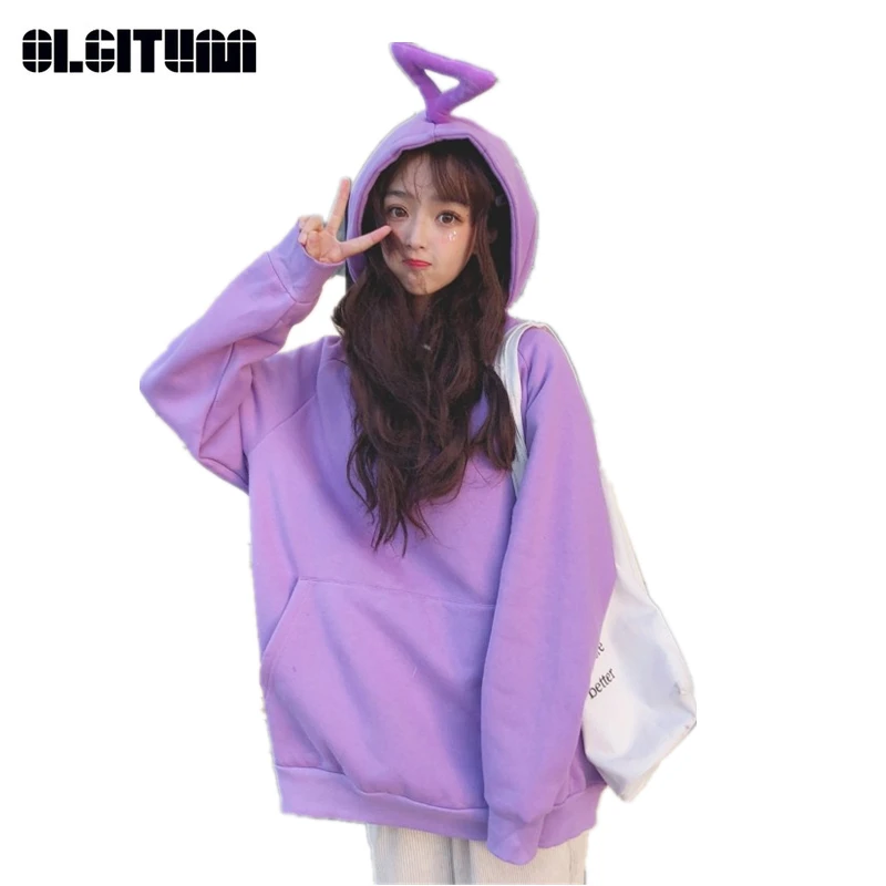 

OLGITUM New 2018 Teletubbies Solid Color Loose Plus Velvet Thickening Women Sweatshirt Harajuku BF Women Coat SS277
