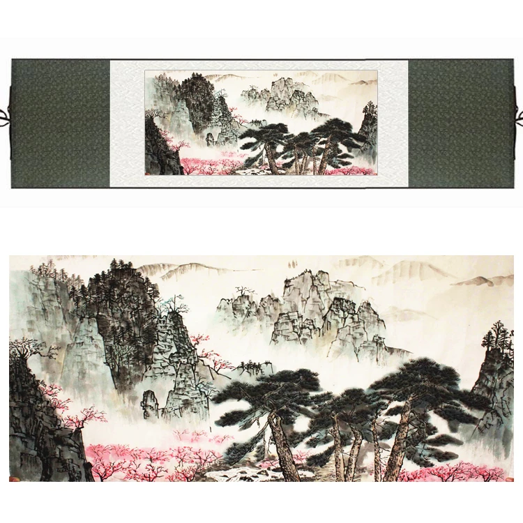 Chinese Silk watercolor fog cloud Pine Mountain Landscape Feng Shui