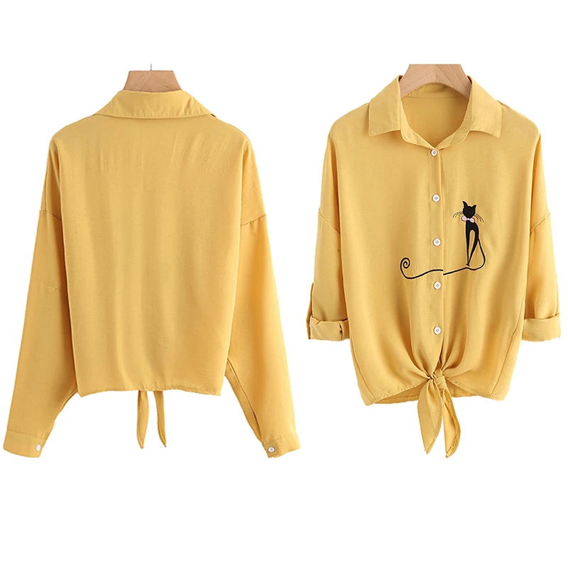 Women Embroidered Cat Shirts Casual Tie Knotted Hem Long Sleeve Crop Tops Blouse Button Tops Female Yellow White Green