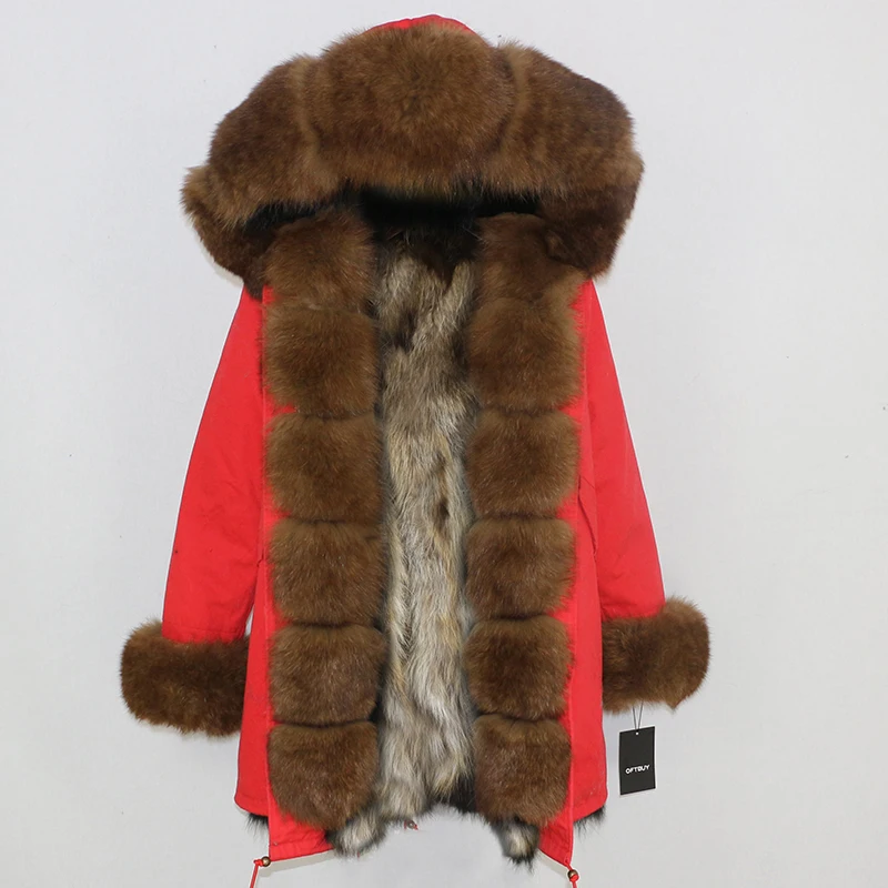 OFTBUY, длинная парка, зимняя куртка для женщин, натуральный Лисий мех енота, пальто с воротником, толстая теплая верхняя одежда, уличная одежда, съемная - Цвет: red brown