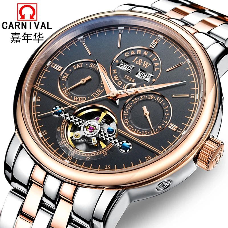 

Luxury Switzerland Carnival Watch Men Tourbillon Multi-Function Dial Sapphire Rose teel Wristwatch Reloj Hombre Luminous