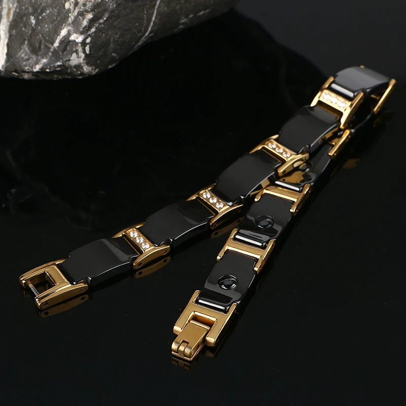 Goede Luxe Mannen Gouden Armband Gezondheid Zwarte Keramische Bio Magnetische Germanium Armbanden Mannen Hand Chain Link Crystal Roestvrij Sieraden