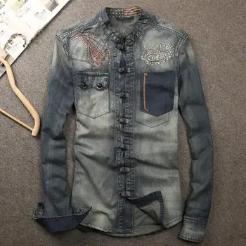 

2018 Spring Fall Men Slim Mandarin Collar Full Sleeve Embroidery Denim Shirt , Casual Male Man Bleached Washed Blouse Shirts