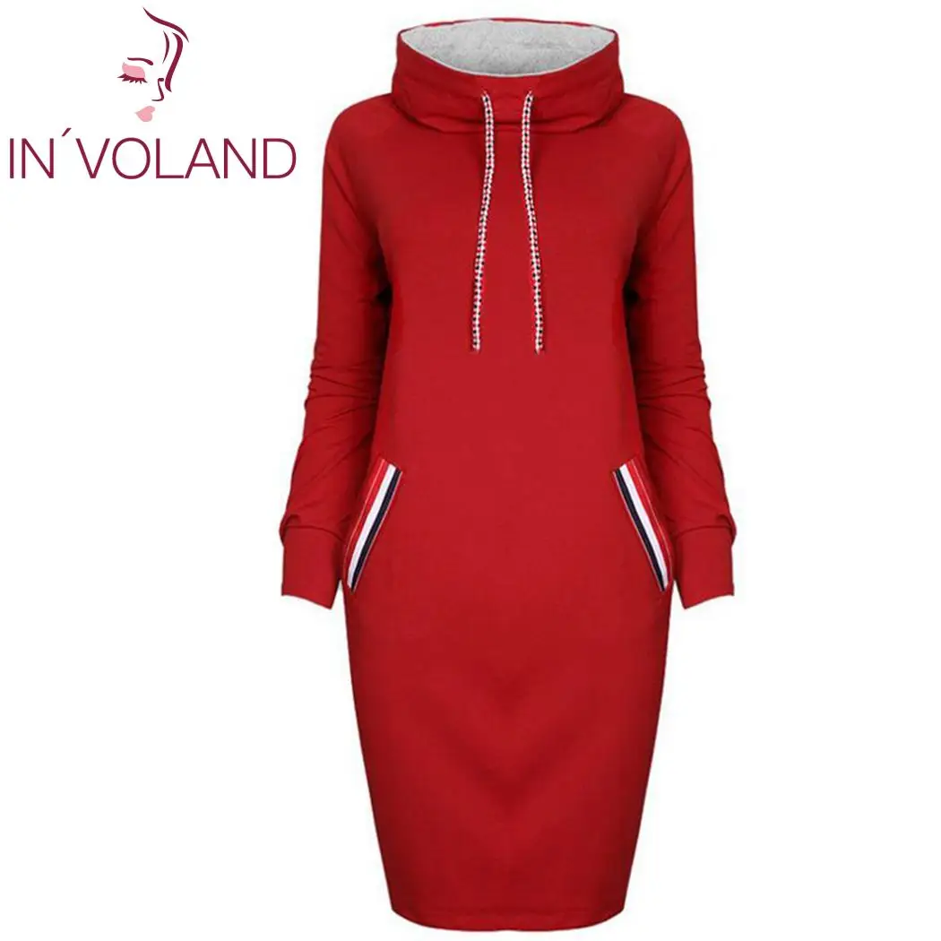 Women Fashion Hooded Sweater Dress Long Knee Length Striped Pockets Sleeve Solid Slim Casual