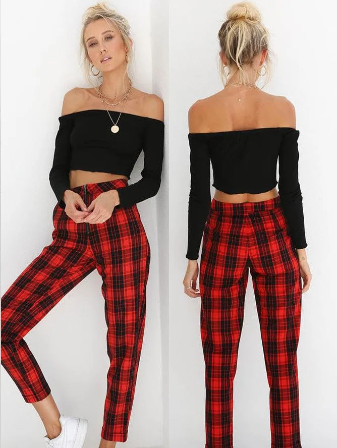 Fashion High Waist Elastic Harem Red Yellow Plaid Pants Women Casual Skinny Ankle-length Capris Pencil Pants Trouser