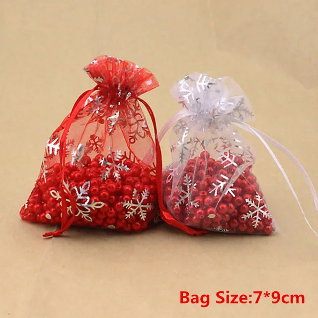 LOULEUR 25 шт./упак. 9X12 см с серебристыми снежинками для упаковки ювелирных изделий, Drawable мешочек из органзы на Рождество свадебный подарок сумки мешки посылка - Цвет: 7x9cm