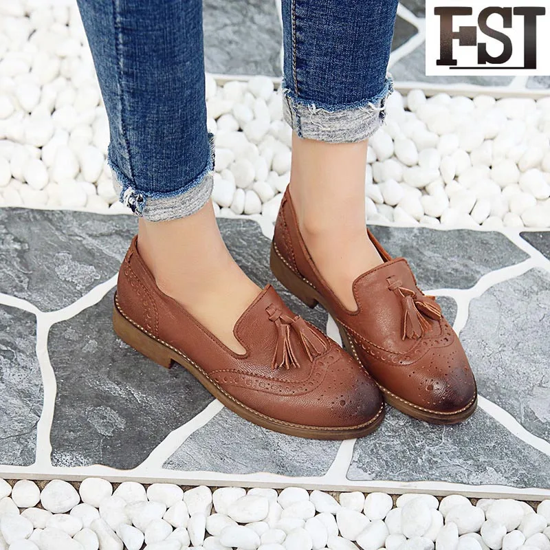 

FSJ Genuine Leather Ladies Woman Boots Round Toe Slip-On Bonded Leather Spring/Autumn Fringe Sheepskin Low Heel Personality